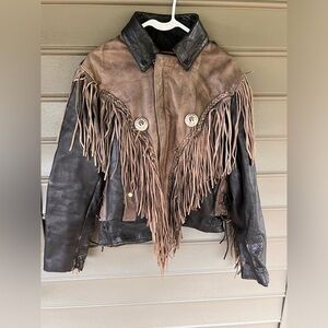 Vintage Size 38  Hudson Leather Western Fringe Motorcycle Biker Jacket Tan Black
